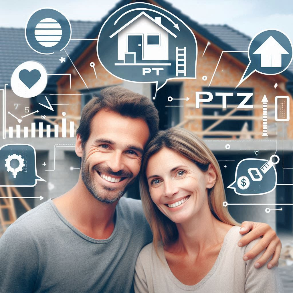 une photo dun couple ou dune famille souriante devant leur nouvelle maison en rénovation, combinée avec des éléments graphiques comme des flèches, des bulles de texte avec le sigle PTZ, pour transmettre lidée d (1)