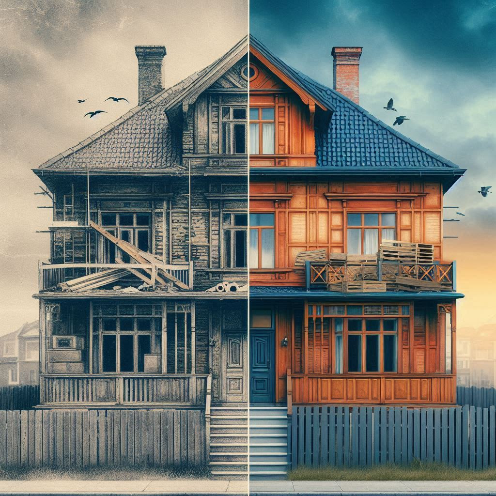 Montage Avant Après   une image divisée en deux parties, avec dun côté une maison ancienne en vue avant travaux et de lautre côté la même maison rénovée, symbolisant le financement du PTZ sur lexpansion et la trans